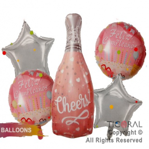 SET DE GLOBOS METALIZADO BOTELLA CHEERS ROSA 5 UNIDADES X 1